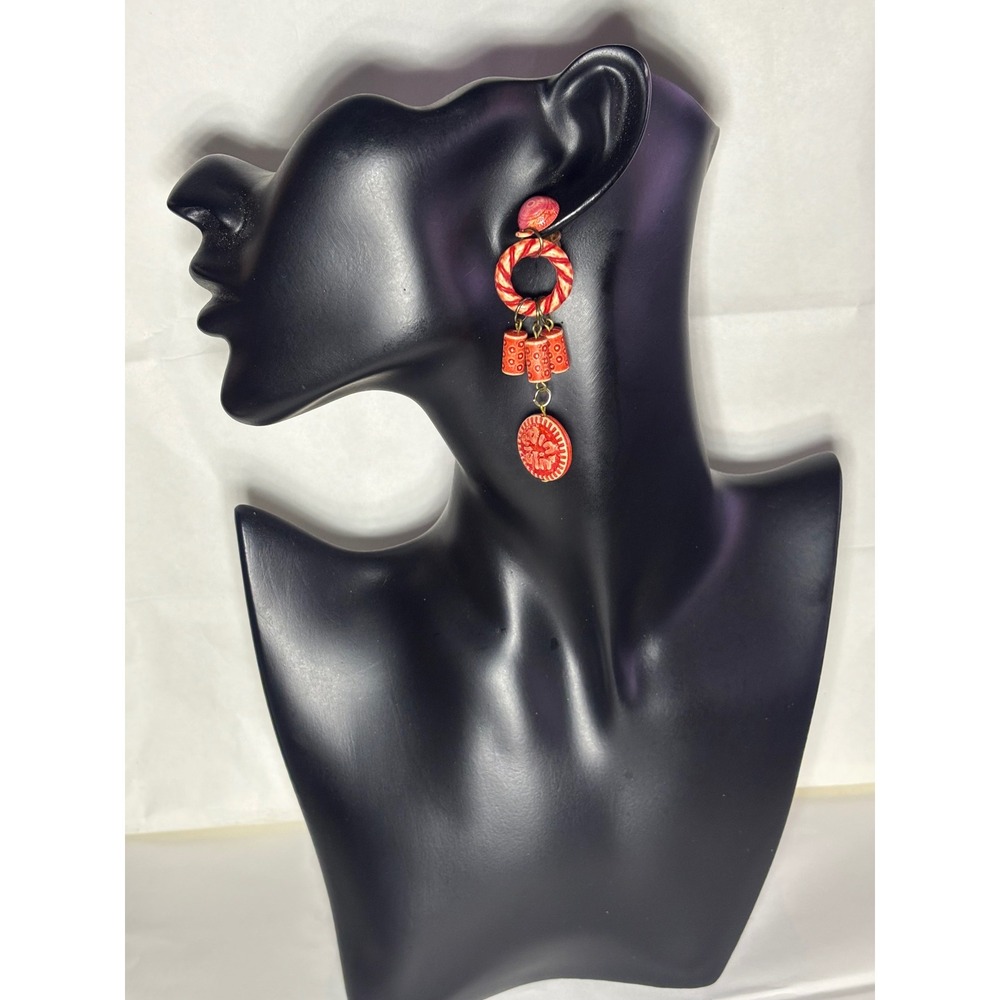 Handmade Red Ceramic Glazed Drop Earrings Boho Stamped Clay Dangle Statement